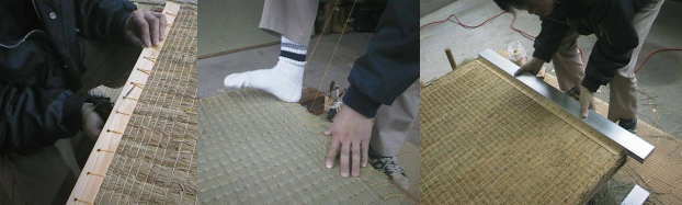 框板を縫いとめ、裏返して足で蹴りながら糸を締めます。